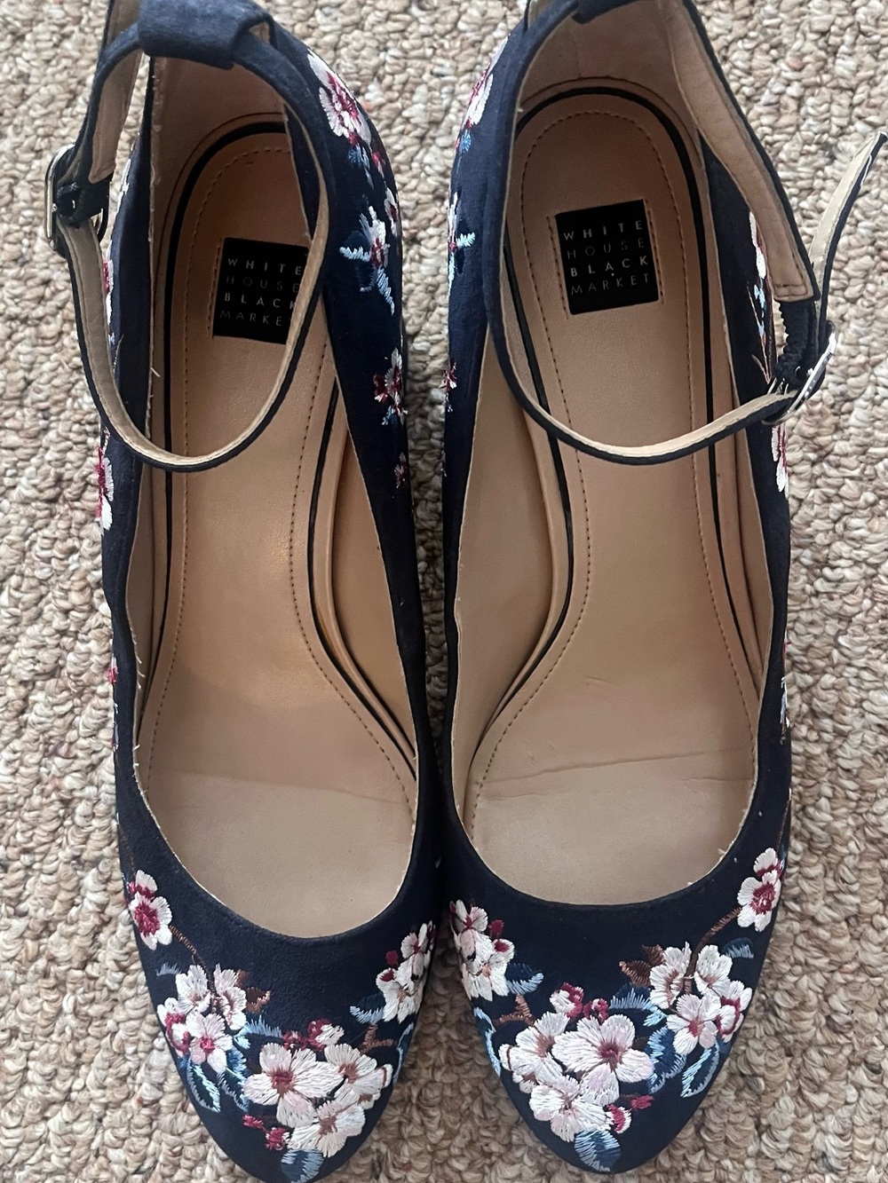 White House Black Market Navy Floral Embroidered Ankle Strap Block Heels 11M